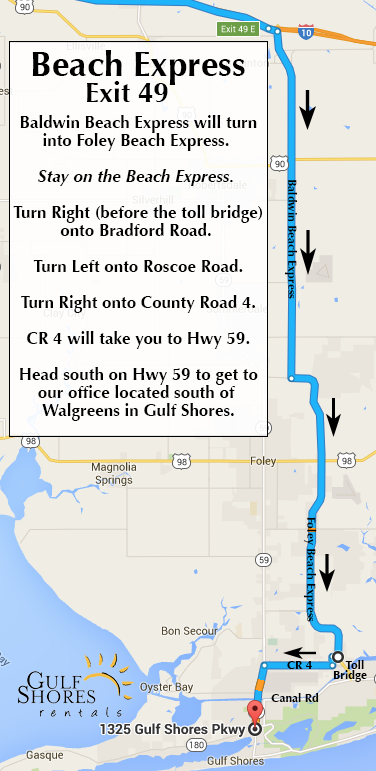 directions to gulf shores rentals via foley beach express